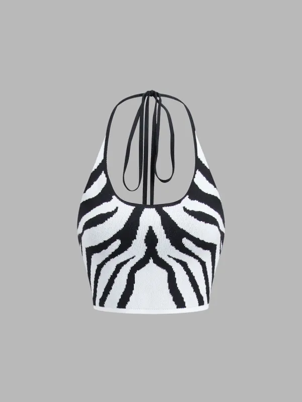 Zebra Print Halter Open Back Crop Top sold by COMMENSE