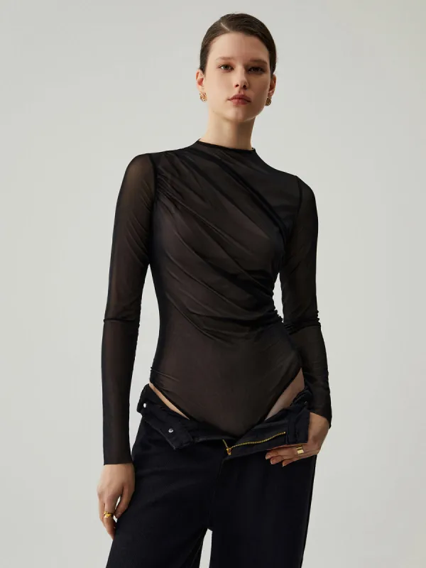 Mesh Semi-sheer Long Sleeve Mock Neck Bodysuit sold by COMMENSE
