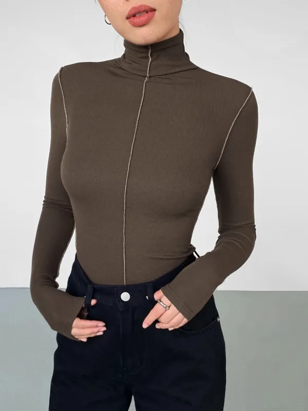 Slinky Turtleneck Contrast Trim Ribbed Knit Shirt sold by COMMENSE