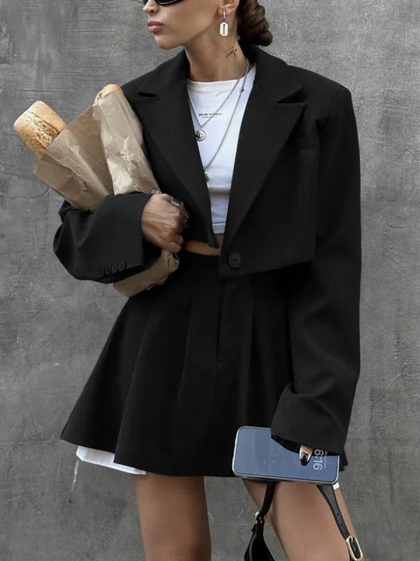 Solid Lapel Blazer Mini Skirt Set sold by COMMENSE