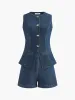 Denim Peplum Vest With Shorts Set sold by COMMENSE