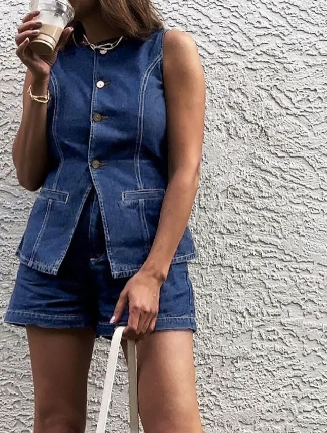Denim Peplum Vest With Shorts Set sold by COMMENSE product image thumbnail 2