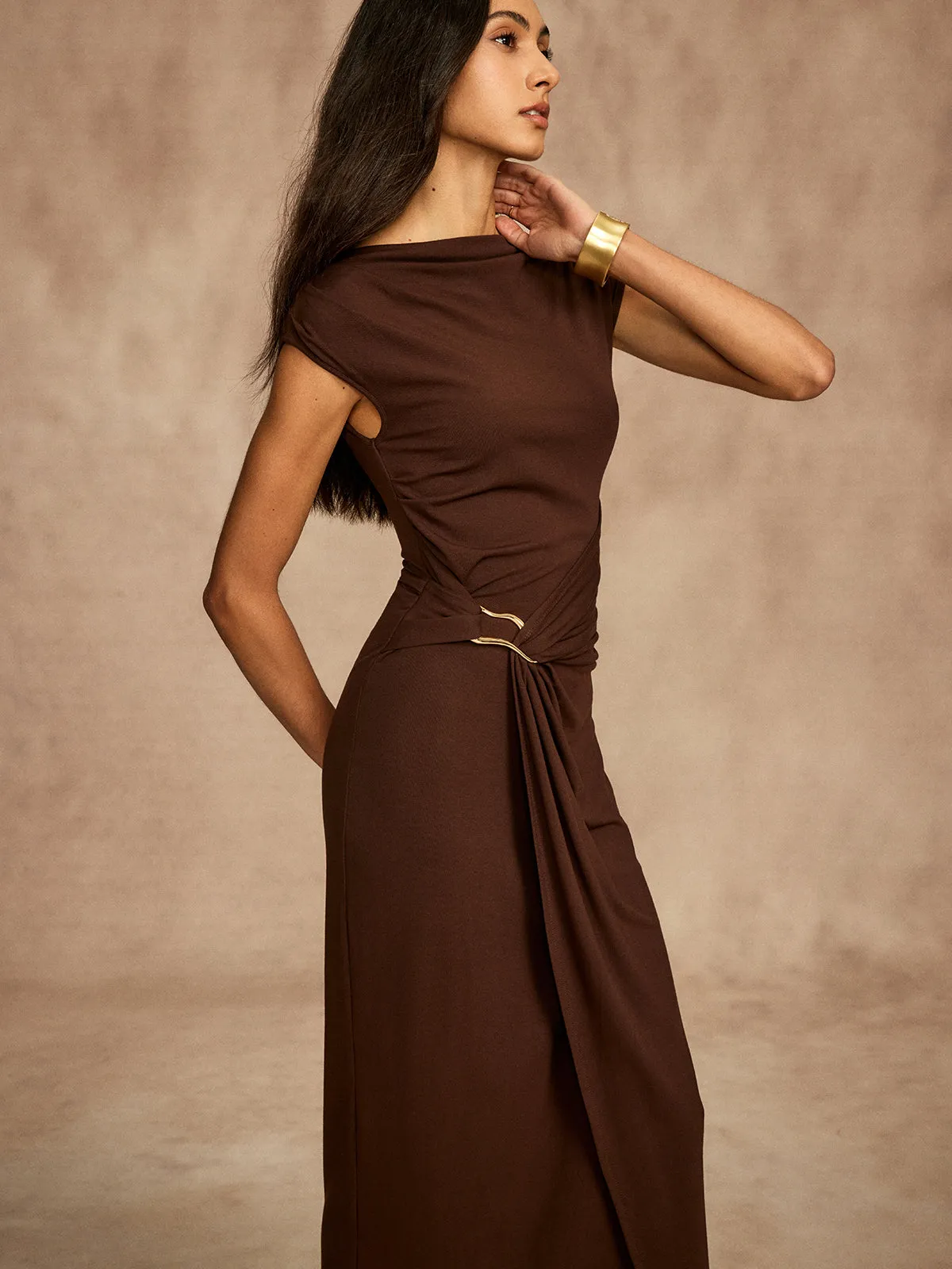 Pure Cotton Cap Sleeve Draped Dress sold by COMMENSE product image thumbnail 4