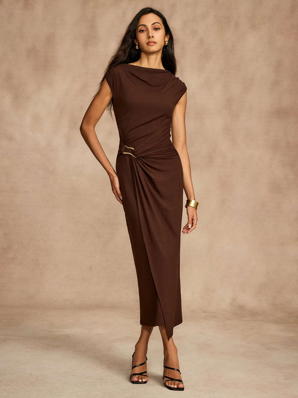 Pure Cotton Cap Sleeve Draped Dress sold by COMMENSE product image thumbnail 2