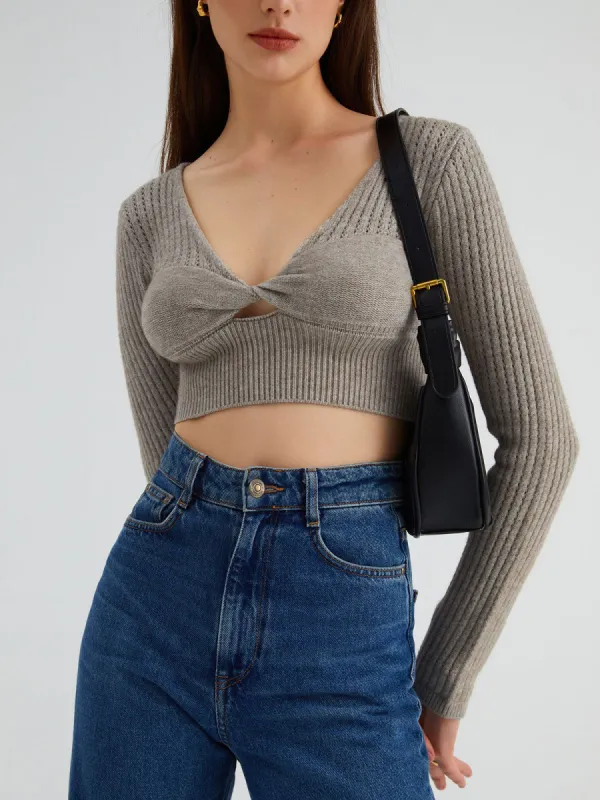 Eyelet Twisted Crop Sweater sold by COMMENSE