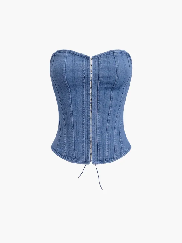 Hook-and-Eye Tie Back Denim Corset Top sold by COMMENSE