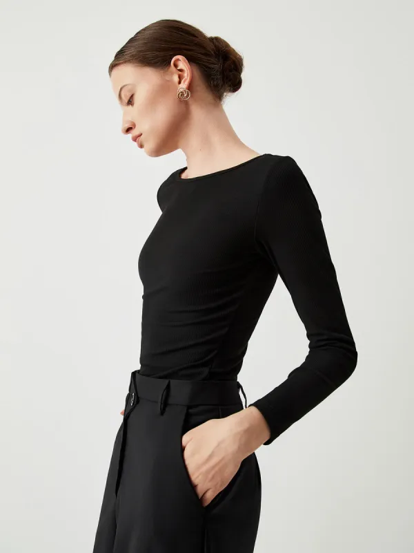 Slinky Ribbed Open Back Crew Neck Long Sleeve Shirt sold by COMMENSE