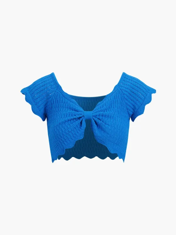 Ruffled Knotted Crochet Crop Top sold by COMMENSE