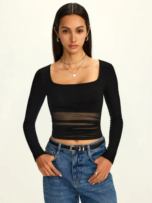 Mesh Square Neck Semi-Sheer Blouse sold by COMMENSE