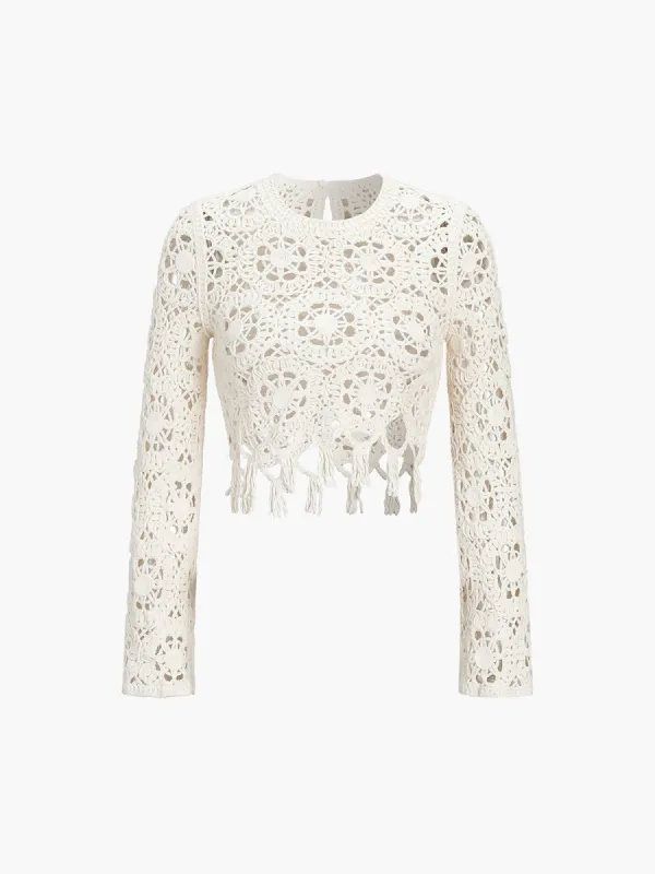 Floral Crochet Fringed Crop Top sold by COMMENSE