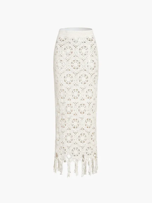 Floral Crochet Fringed Maxi Skirt sold by COMMENSE