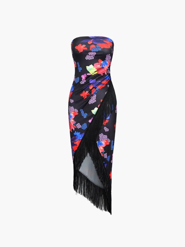 Floral Fringed Tube Midi Dress sold by COMMENSE