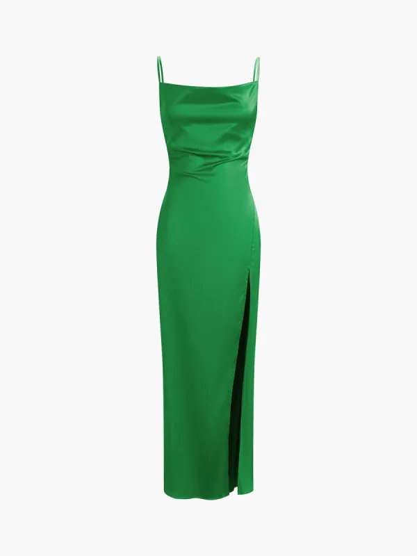 Boat Neck Ruched Satin Long Dress sold by COMMENSE