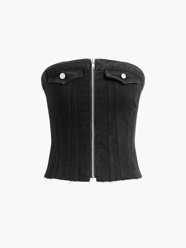 Zippered Denim Crop Tube Top sold by COMMENSE