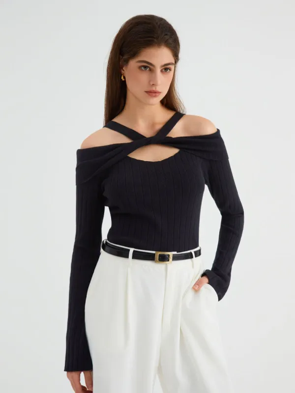 Knotted Cutout Off Shoulder Knit Top sold by COMMENSE