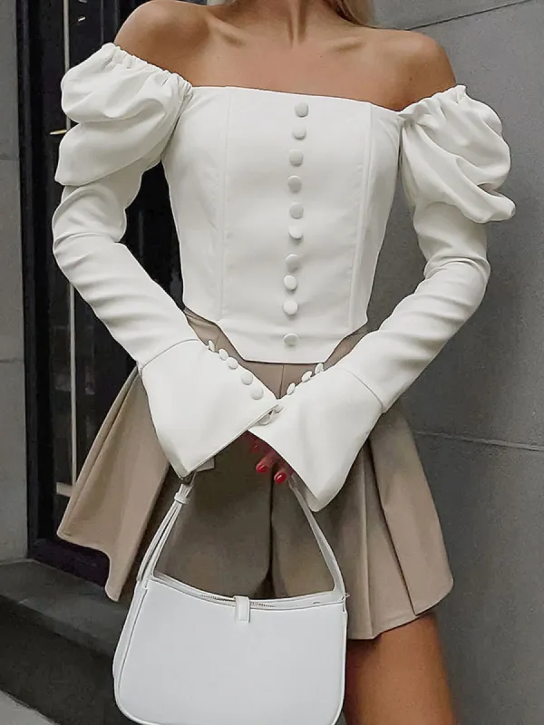 Ruffled Puff Sleeve Button Decor Blouse sold by COMMENSE