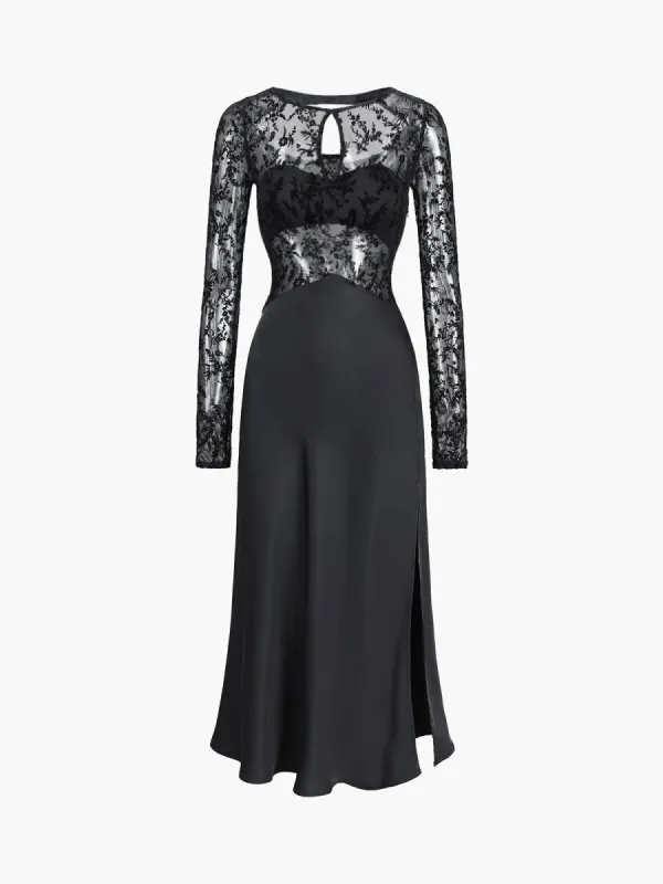 Floral Mesh Cutout Satin Long Dress sold by COMMENSE