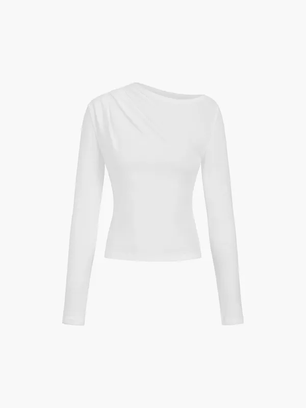 Asymmetric Neckline Ruched Long Sleeve Top sold by COMMENSE