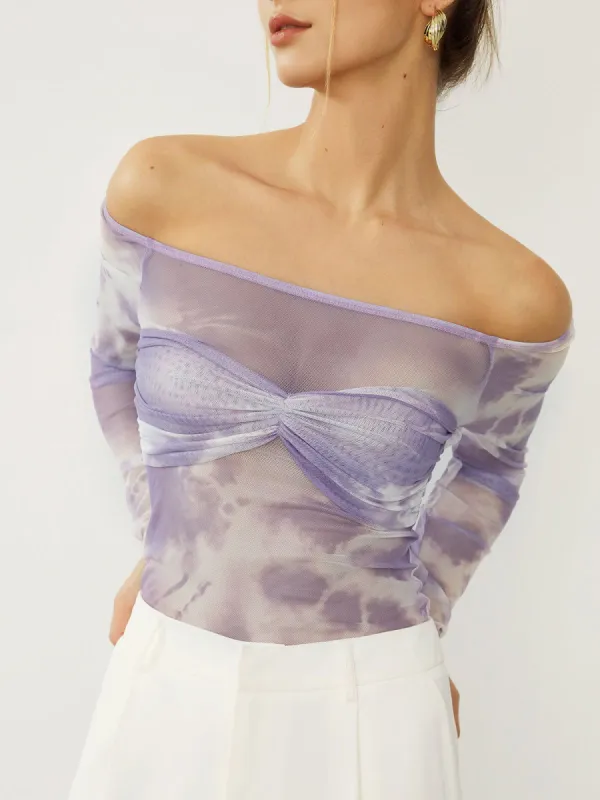 Tie Dye Off Shoulder Mesh Shirt sold by COMMENSE