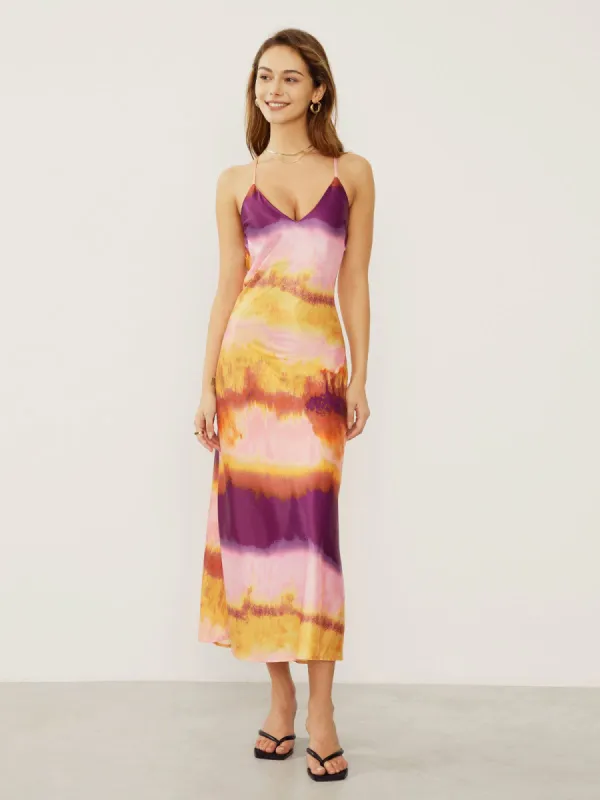 Tie Dye Open Back Slip Long Dress sold by COMMENSE
