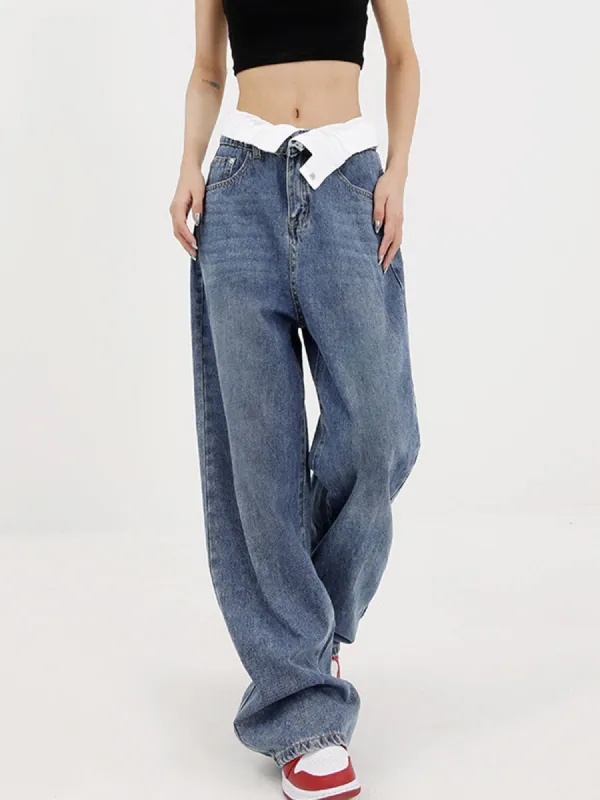 Reverse Waistband Denim Boyfriend Jeans sold by COMMENSE