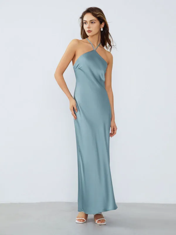 Open Back Criss Cross Strap Satin Long Dress sold by COMMENSE