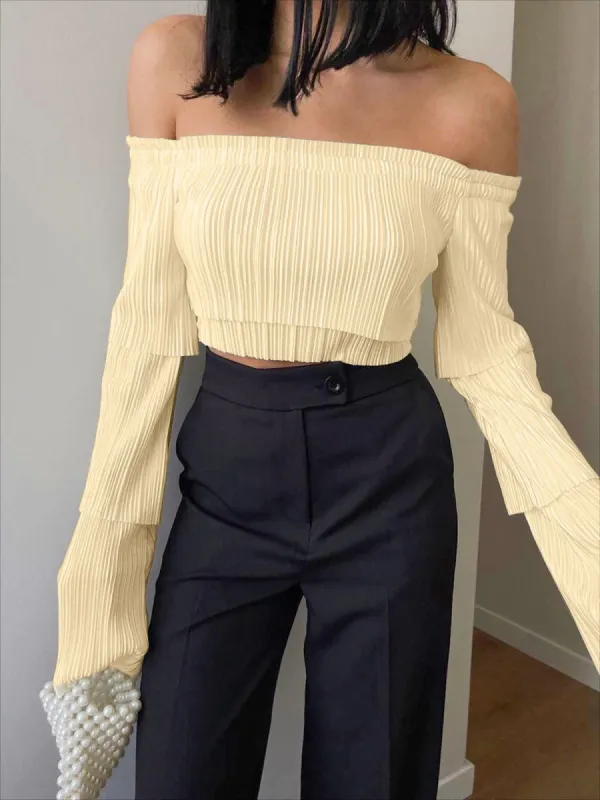 Pleat Off Shoulder Layered Long Sleeve Crop Top sold by COMMENSE