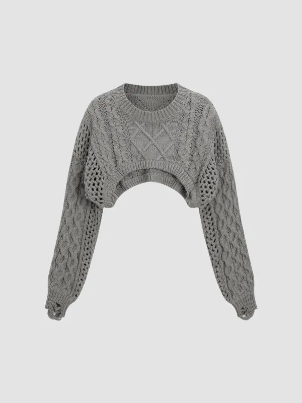 Solid Cable Knit Crop Sweater sold by COMMENSE