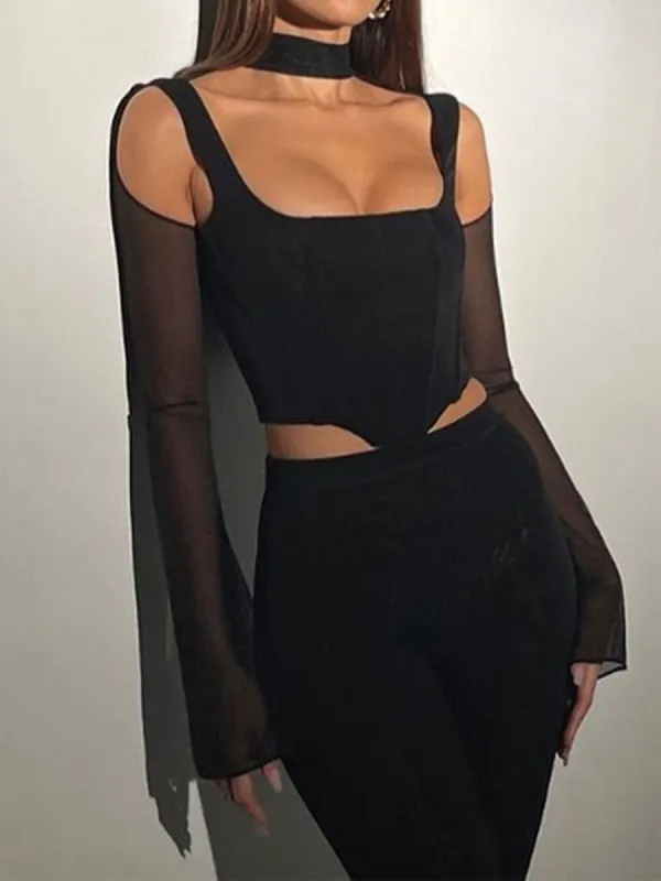 Semi-sheer Mesh Long Sleeve Cut Out Crop Blouse sold by COMMENSE