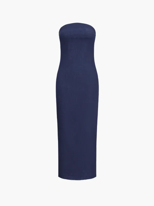 Denim Zippered Tube Long Jean Dress sold by COMMENSE