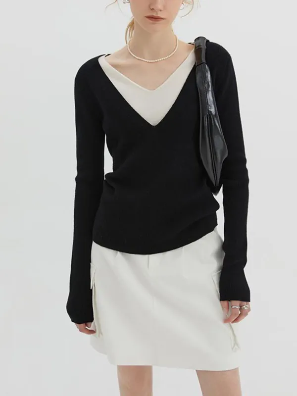 Two Tone V-Neck Long Sleeve Knit Top sold by COMMENSE