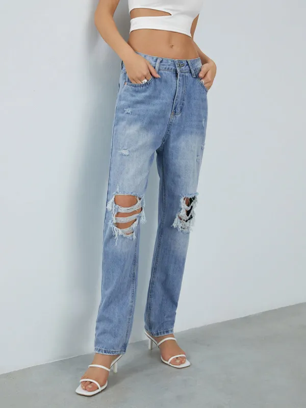 Ripped Denim Straight Leg Jeans sold by COMMENSE