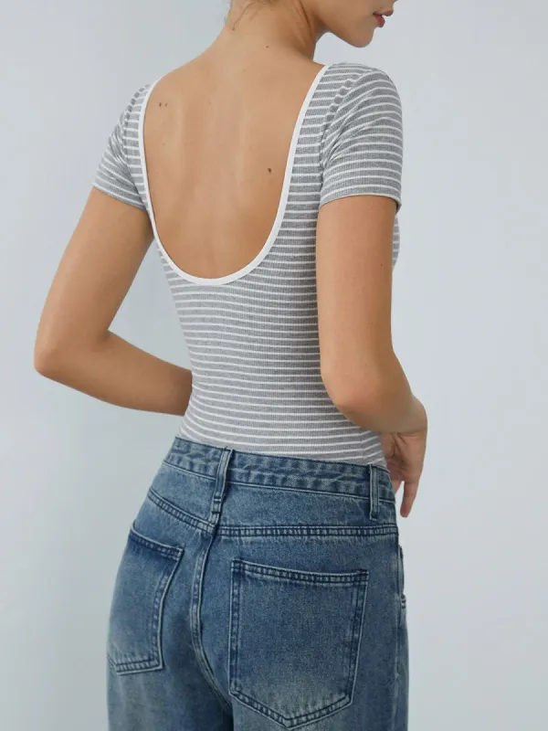 Open Back Stripe Short Sleeve Bodysuit sold by COMMENSE