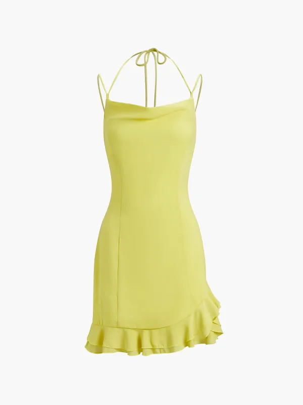 Ruffle Zippered Halter Neck Short Dress sold by COMMENSE