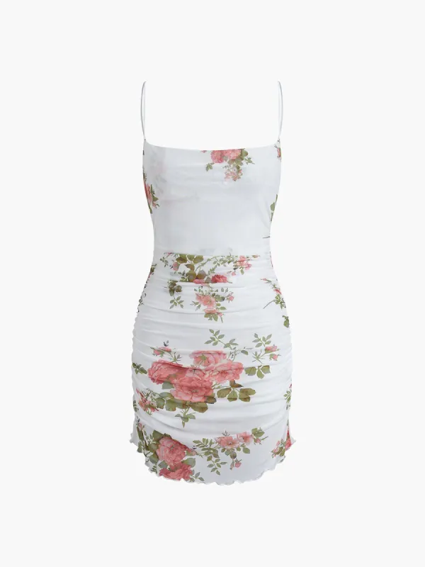 Floral Ruched Mesh Short Dress sold by COMMENSE