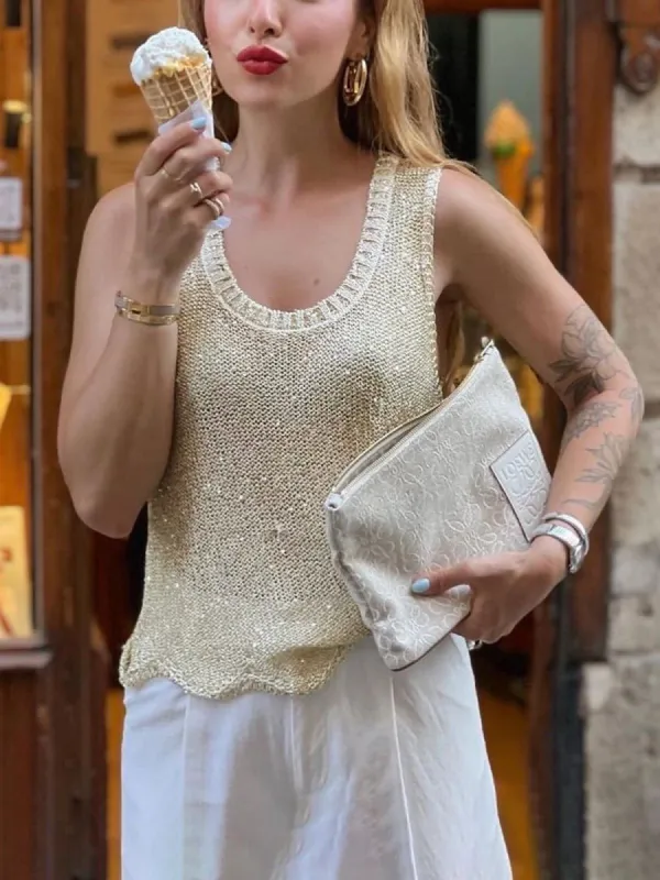 Sequined Wavy Hem Tank Top sold by COMMENSE