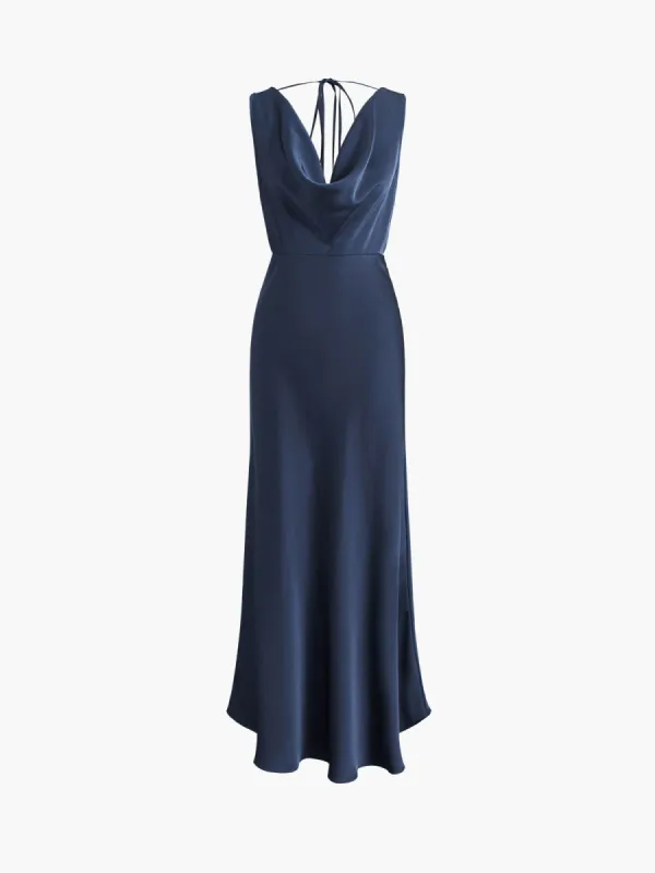 Tied Cowl Neck Satin Flowy Midi Dress sold by COMMENSE