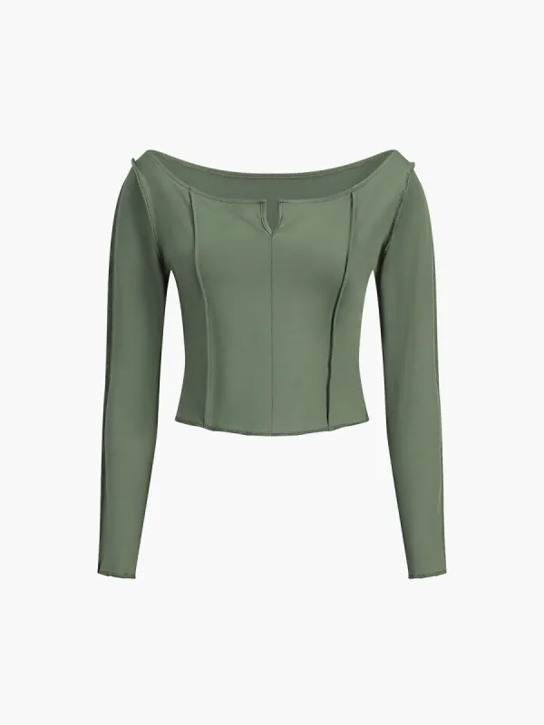 Boat Neck Notched Long Sleeve Top sold by COMMENSE
