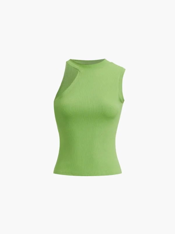 Asymmetrical Sleeve Ribbed Tank Top sold by COMMENSE