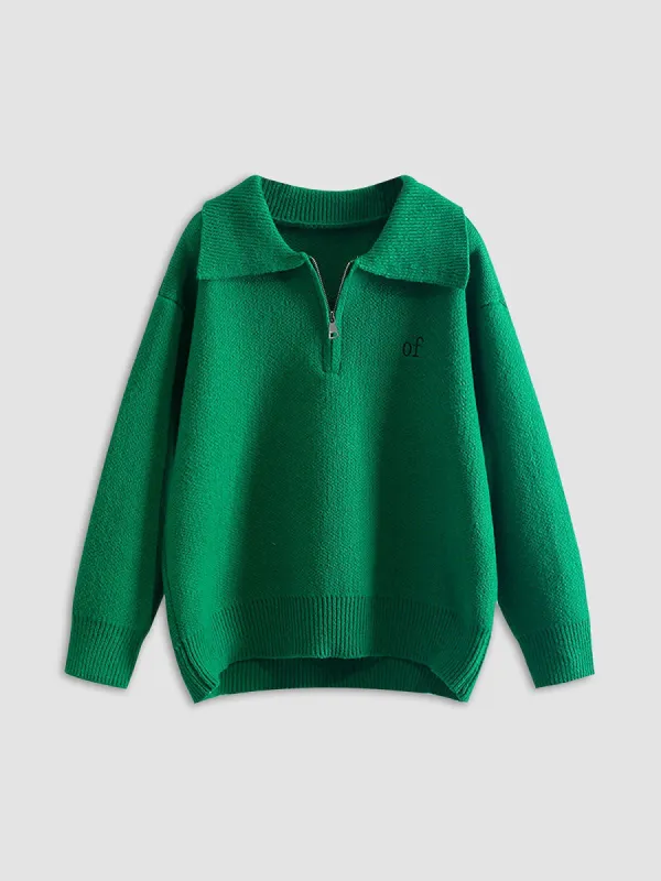 Solid Zip Collared Pullover Sweater made by COMMENSE