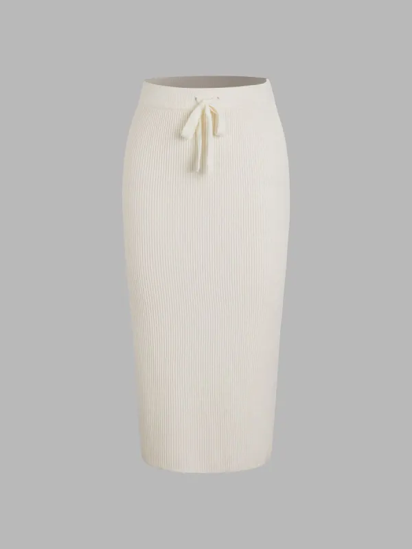 Ivory Glow Drawstring Ribbed Long Skirt sold by COMMENSE