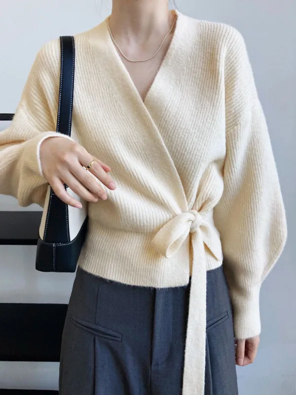 Creamy Flatwhite Wrap Tied Cardigan sold by COMMENSE