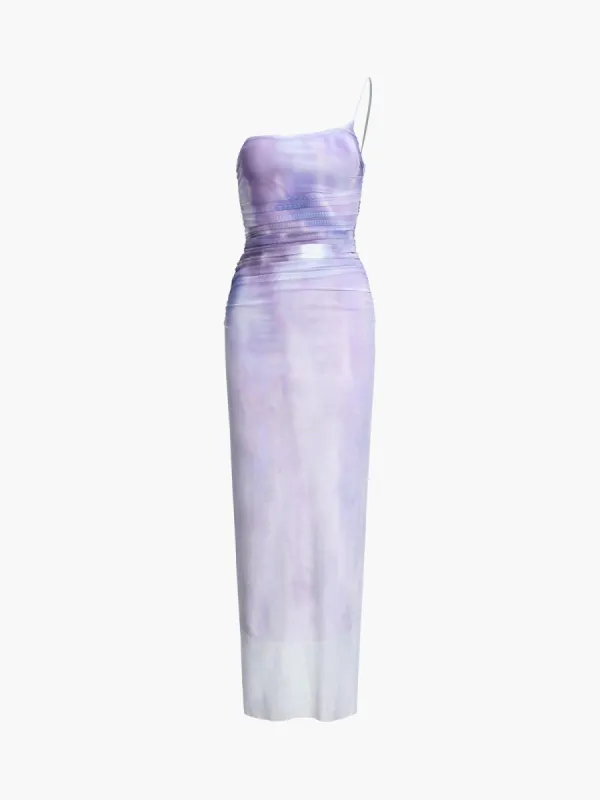 Lilac Tie Dye Ombre Mesh Ruched Midi Dress sold by COMMENSE