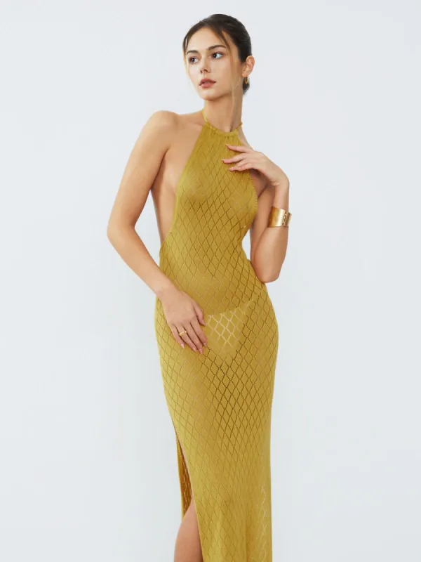 Diamonds Eyelet Halter Open Back Long Dress sold by COMMENSE