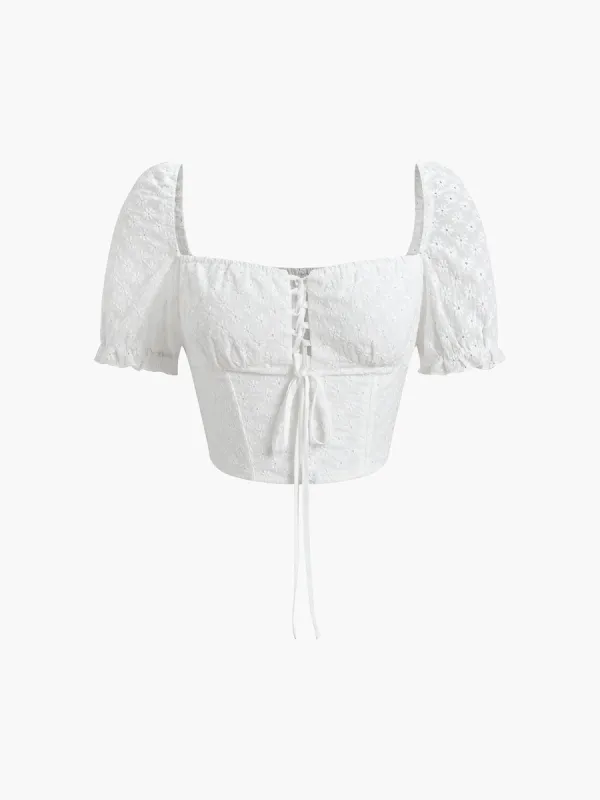 Daisies Eyelet Tie Front Crop Top sold by COMMENSE