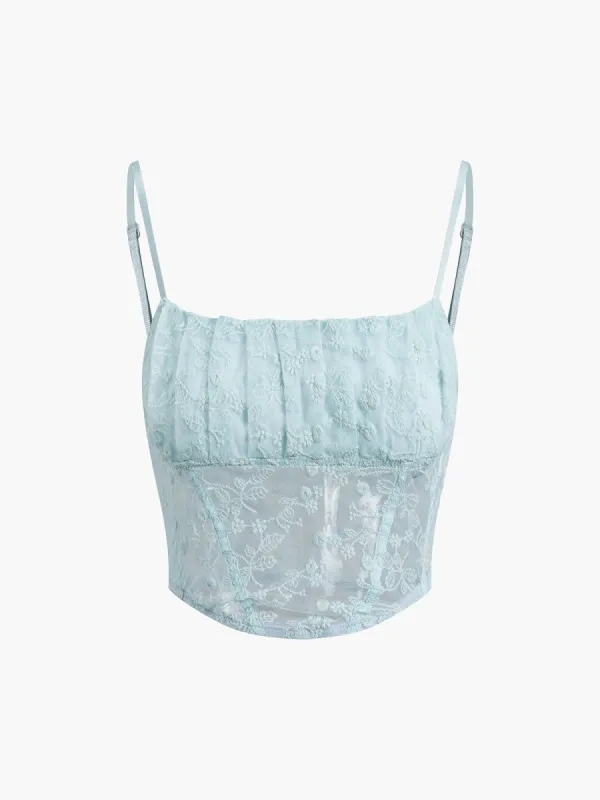 Floral Lace Mesh Adjustable Strap Crop Top sold by COMMENSE