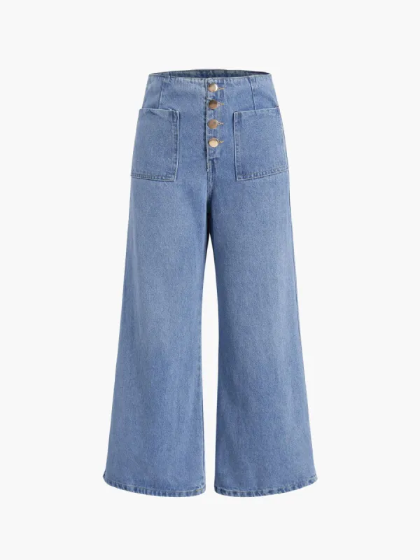 Buttoned Denim Wide Leg Ankle Jeans sold by COMMENSE