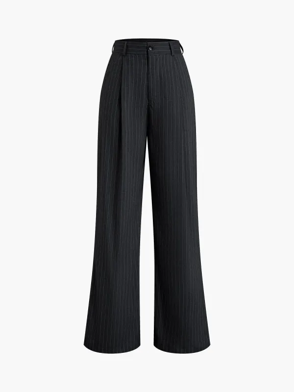 Pinstripe Pleated Straight Leg Pants sold by COMMENSE