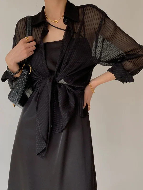 Oversized Mesh Pinstripe Shirt made by COMMENSE