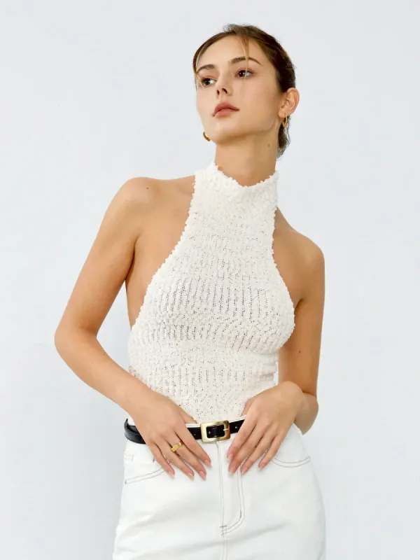 Textured Knit Halter Open Back Tank Top sold by COMMENSE